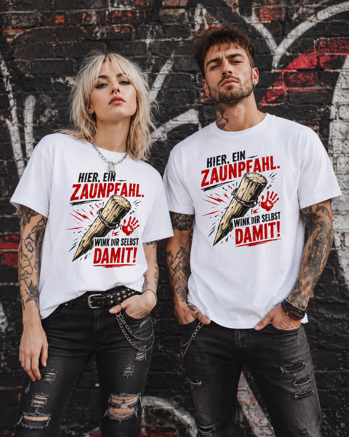 Rockiges Paar trägt weiße Hier ein Zaunpfahl T-Shirts vor einer Graffitiwand