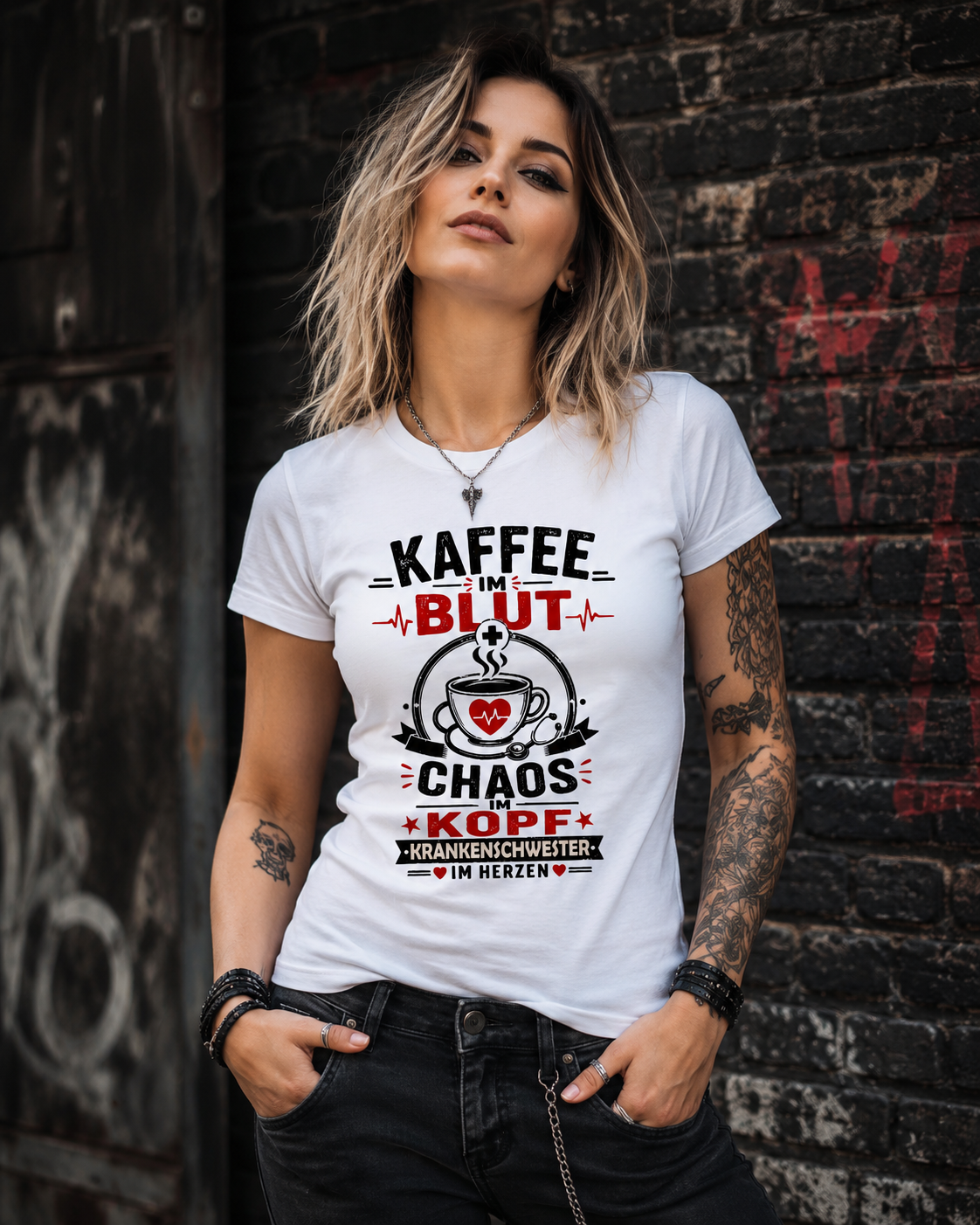 Frau trägt weißes Pflege T-Shirt mit Kaffee, Stethoskop und Krankenschwester-Spruch