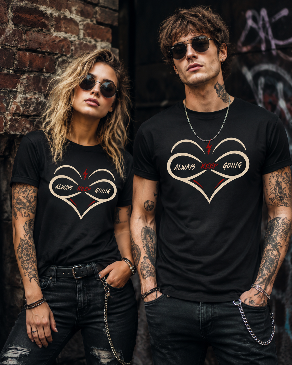 Rockige Frau und Mann tragen schwarze Always Keep Going T-Shirts mit Herz und Unendlichkeitszeichen