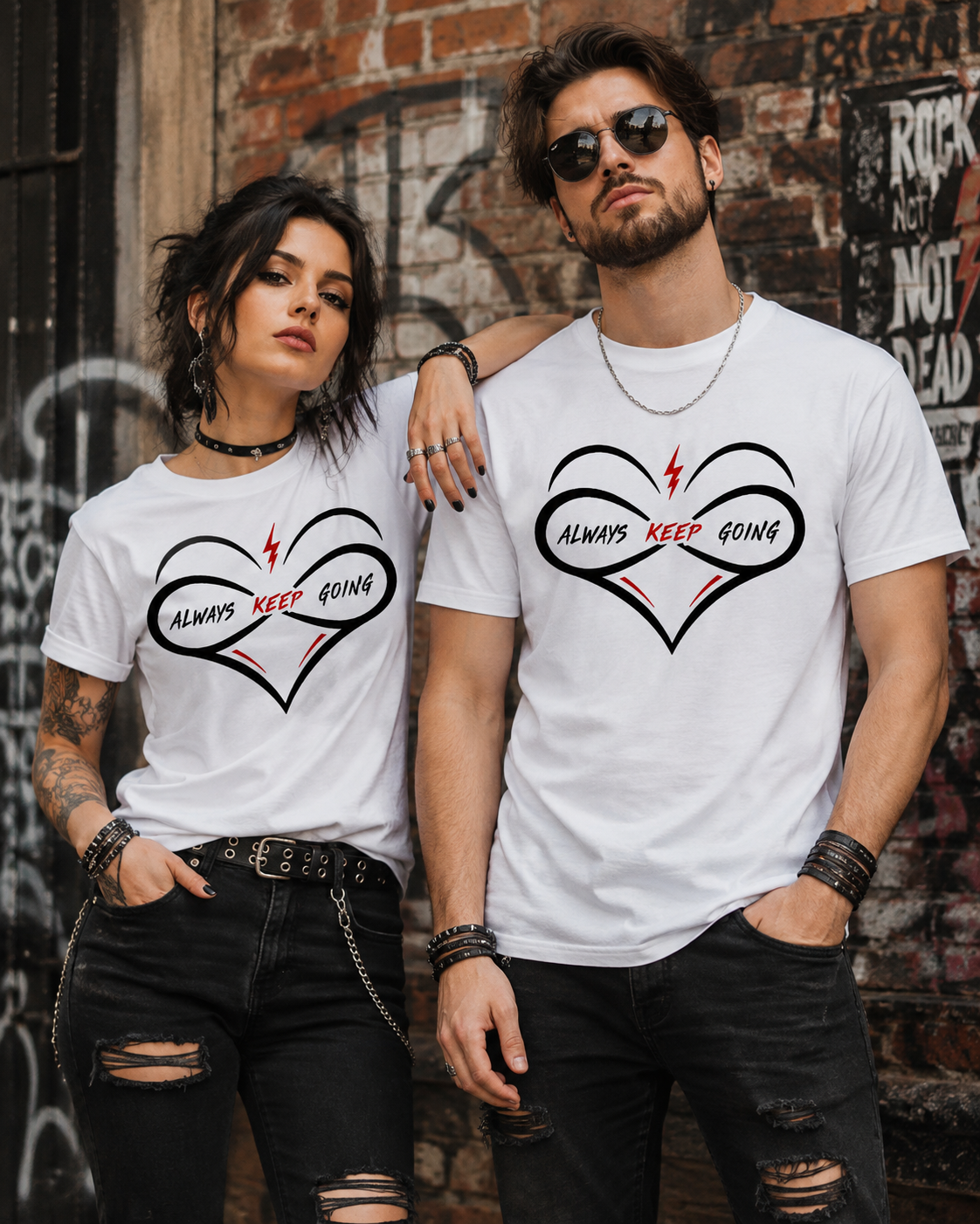 Frau und Mann tragen weiße Motivationsshirts mit Always Keep Going Herzmotiv
