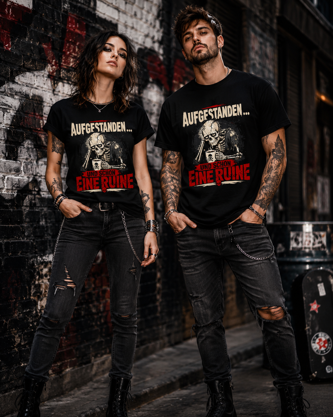 Rockige Frau und Mann tragen schwarze Skelett T-Shirts mit dem Spruch Aufgestanden und schon eine Ruine