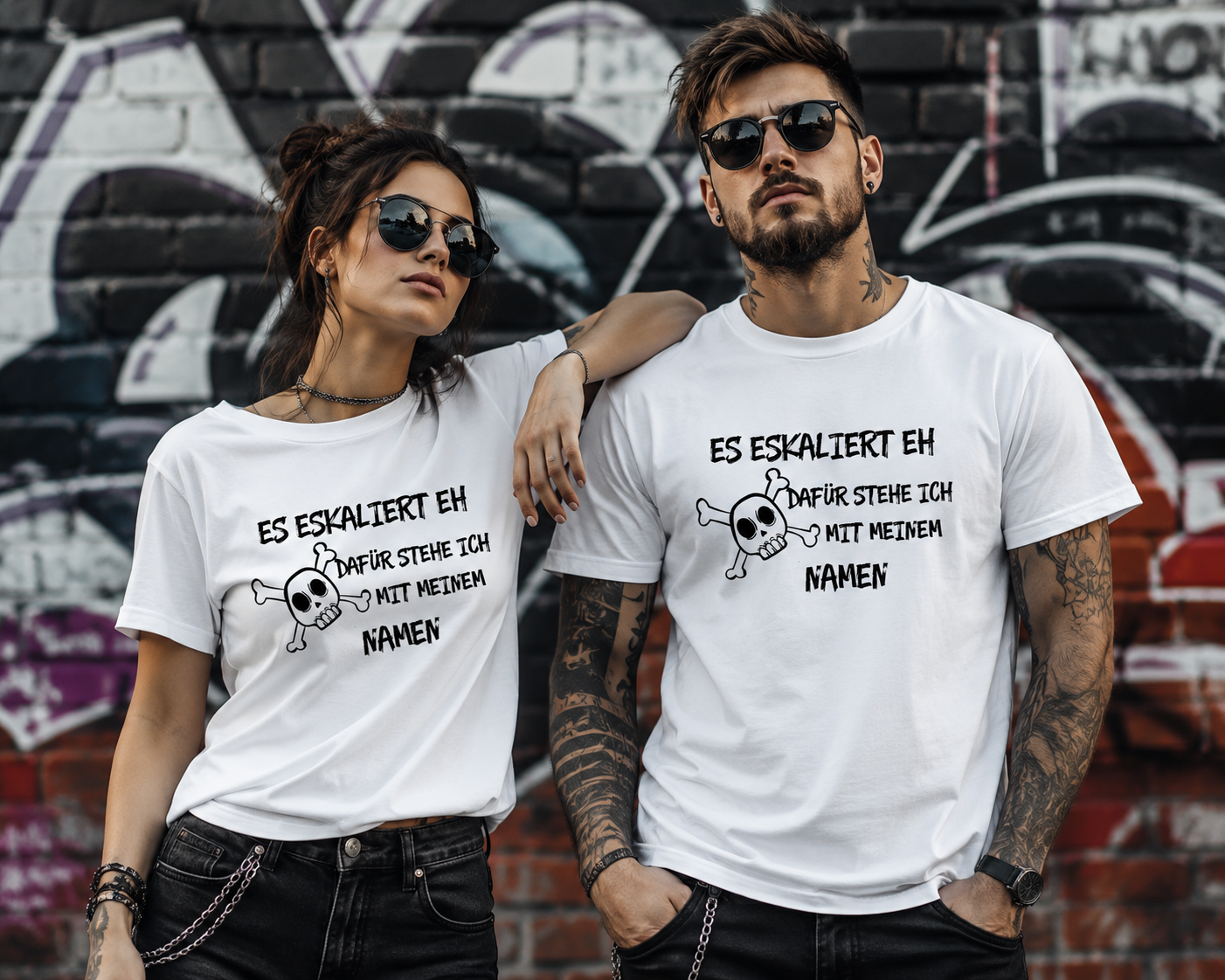 Lustiges T-Shirt "Es eskaliert eh – dafür stehe ich mit meinem Namen" | Fun Shirt Damen & Herren