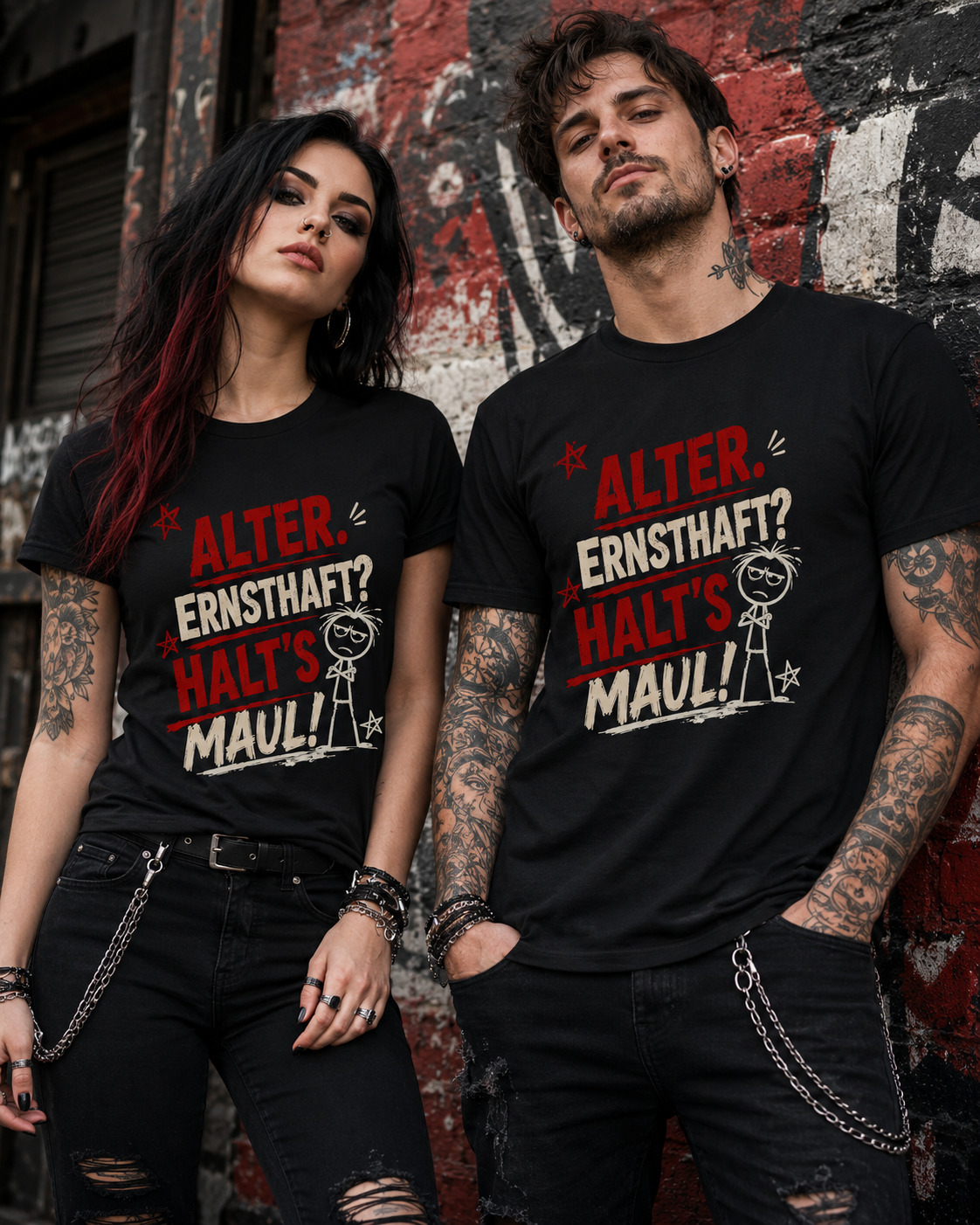 Frau und Mann im rockigen Stil tragen schwarze Unisex T-Shirts mit dem Spruch Alter Ernsthaft Halt’s Maul.