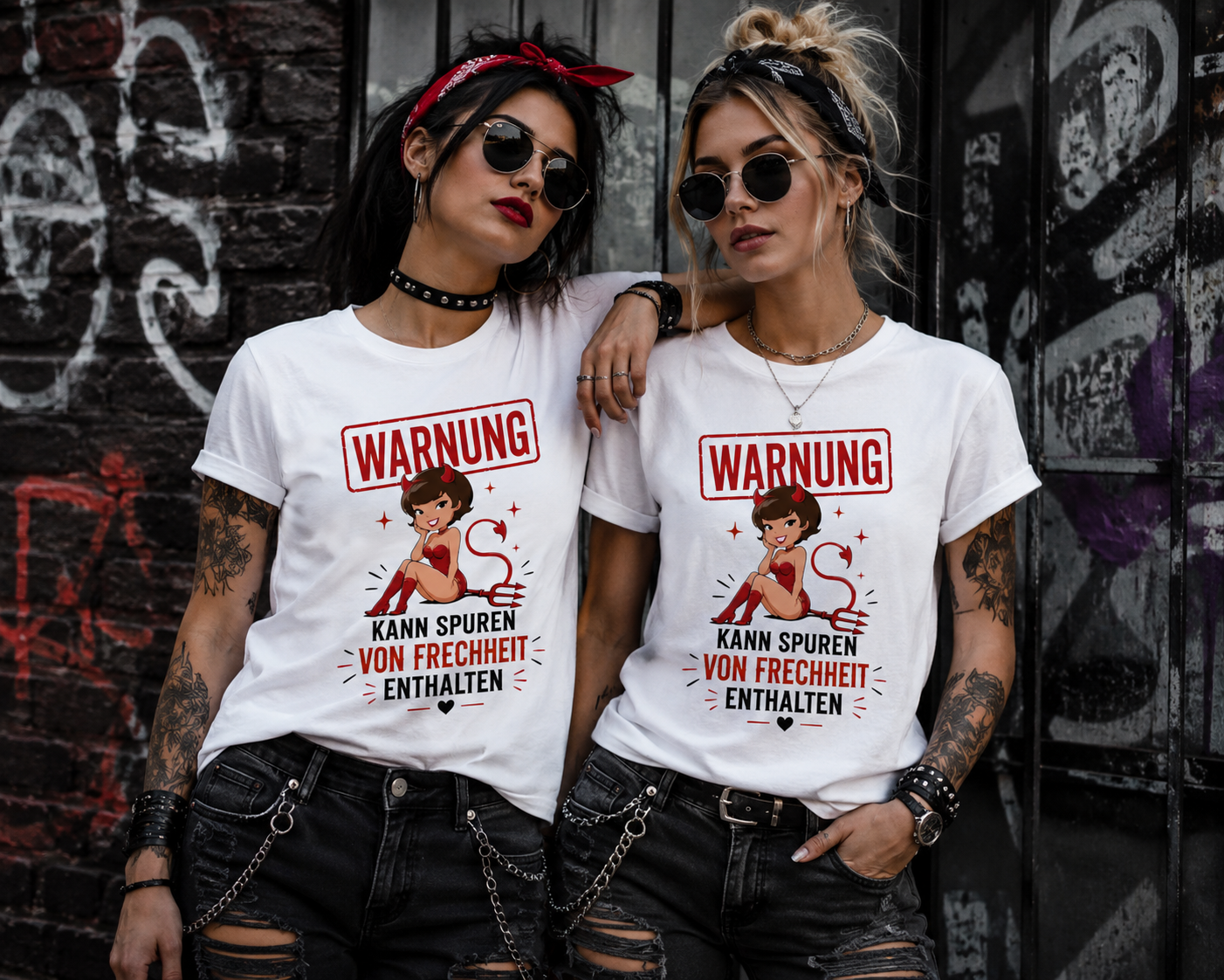 Lustiges Damen T-Shirt "WARNUNG – Kann Spuren von Frechheit enthalten" | Teufelchen Pin-up | Fun Shirt