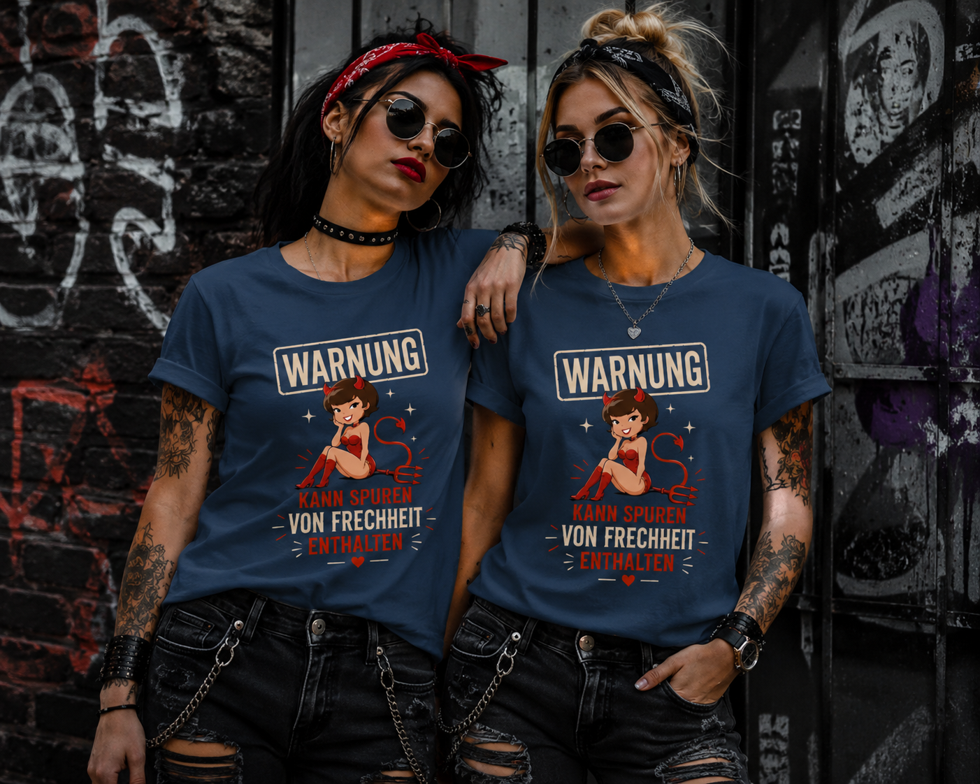 Lustiges Damen T-Shirt "WARNUNG – Kann Spuren von Frechheit enthalten" | Teufelchen Pin-up | Fun Shirt