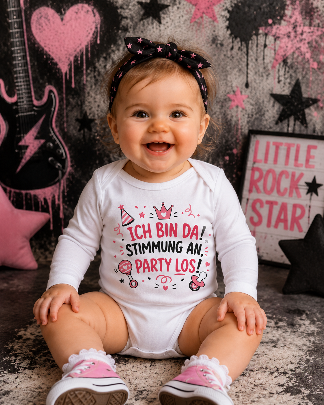 Lachendes Baby Mädchen trägt weißen Langarm-Babybody mit pink-schwarzem Party-Spruchmotiv vor rockigem Hintergrund.