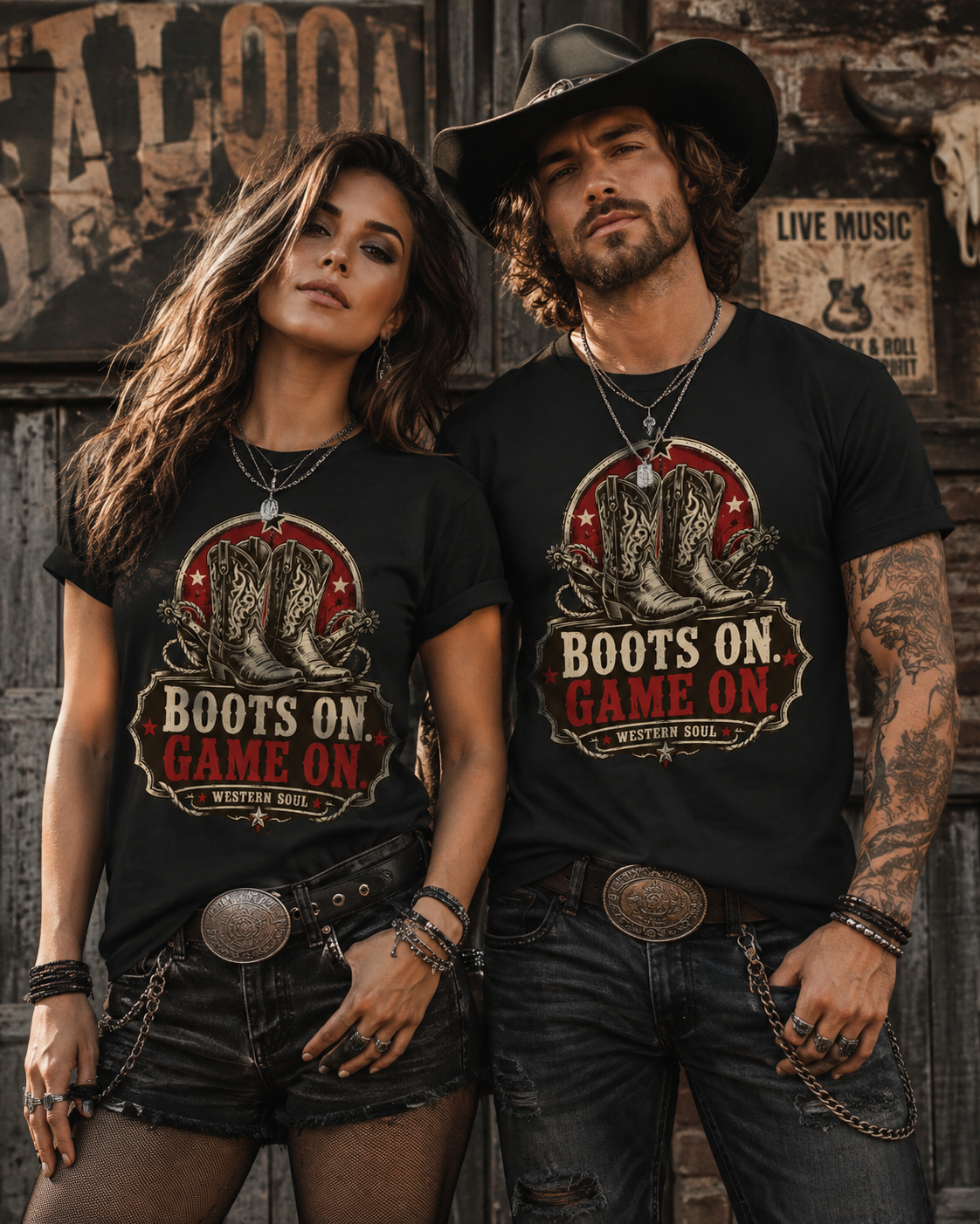 Frau und Mann tragen schwarze Western T-Shirts mit Boots On Game On Motiv und Cowboystiefeln im rockigen Country-Stil.