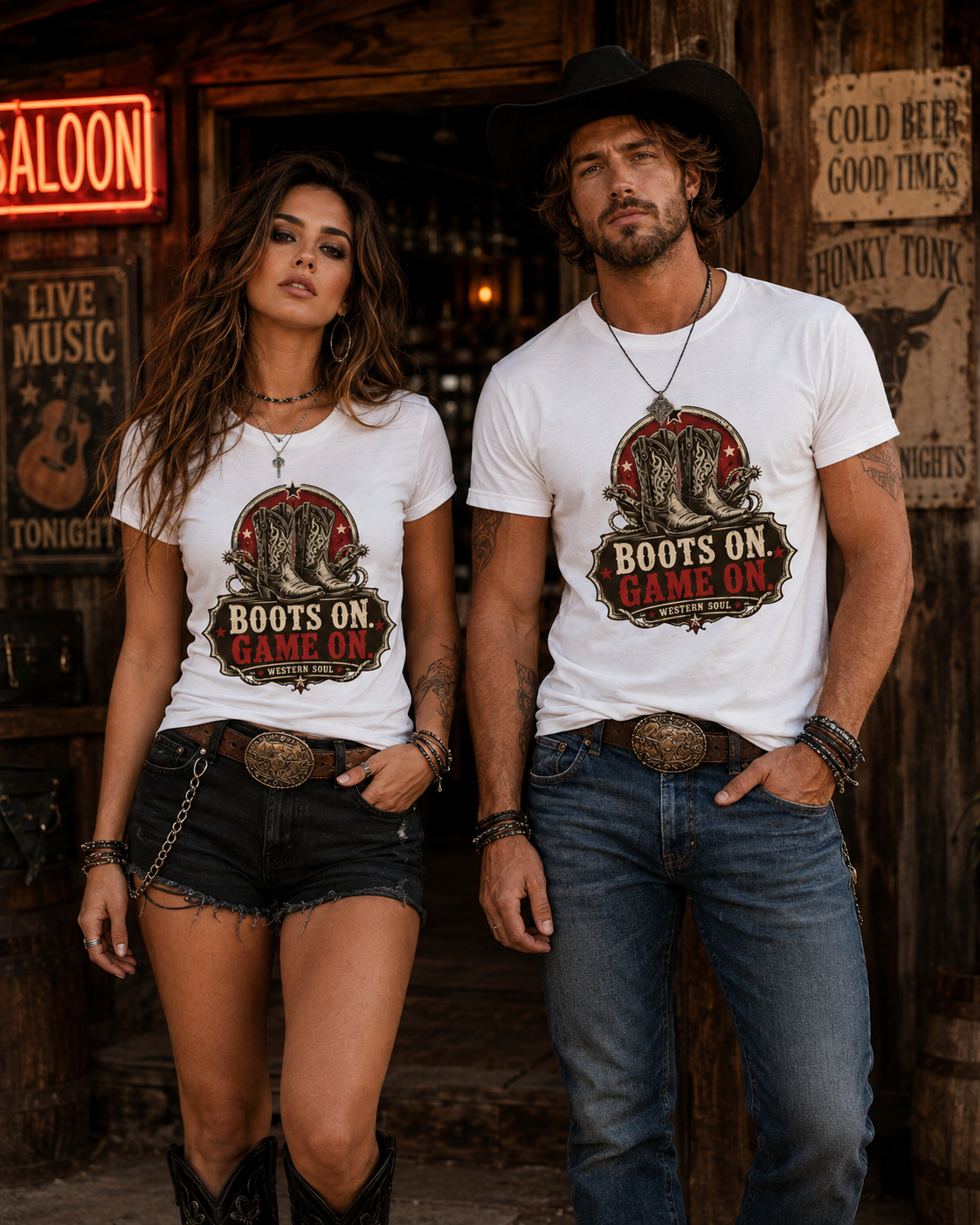 Frau und Mann tragen weiße Western T-Shirts mit Boots On Game On Motiv vor einem rustikalen Saloon im Country-Stil.