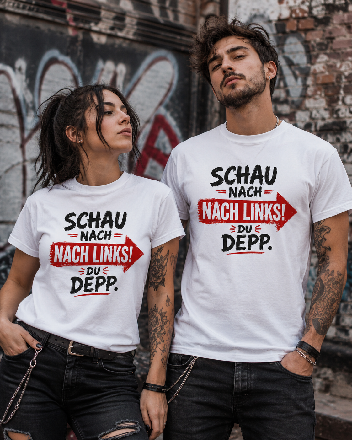Frau und Mann tragen weiße Unisex T-Shirts mit sarkastischem Spruch Schau nach links Du Depp und rotem Richtungspfeil.