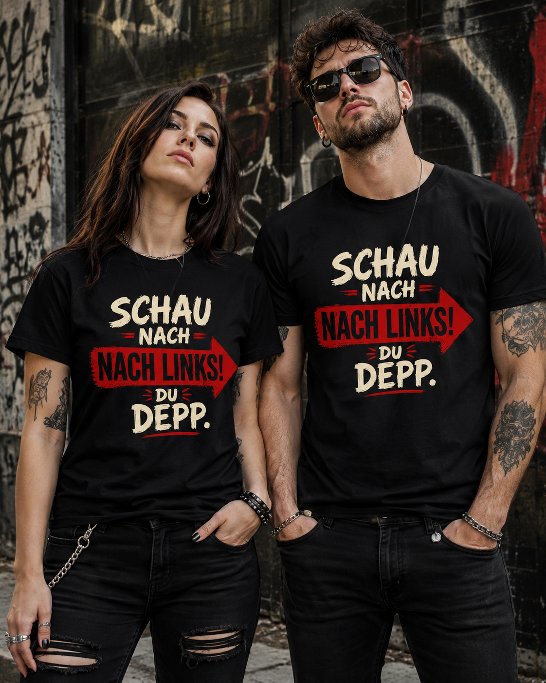 Frau und Mann tragen schwarze Unisex T-Shirts mit dem frechen Spruch Schau nach links Du Depp und rotem Pfeil nach rechts.