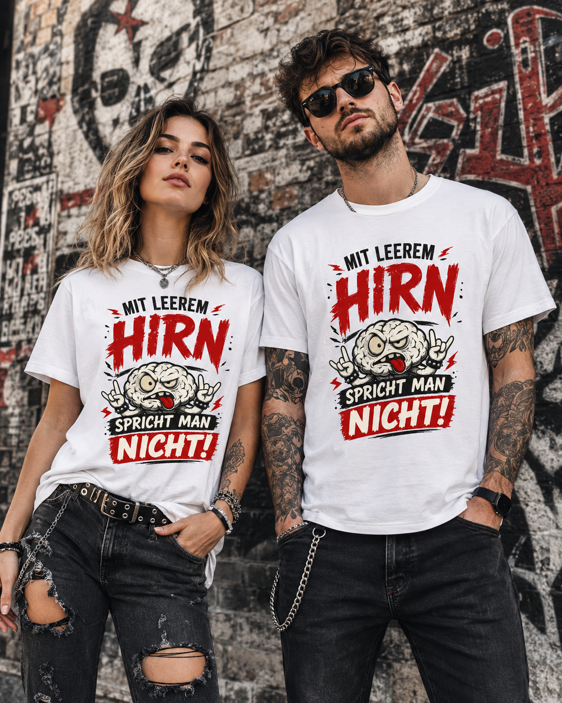 Frau und Mann tragen weiße Unisex T-Shirts mit frechem Gehirn-Motiv und dem Spruch Mit leerem Hirn spricht man nicht.
