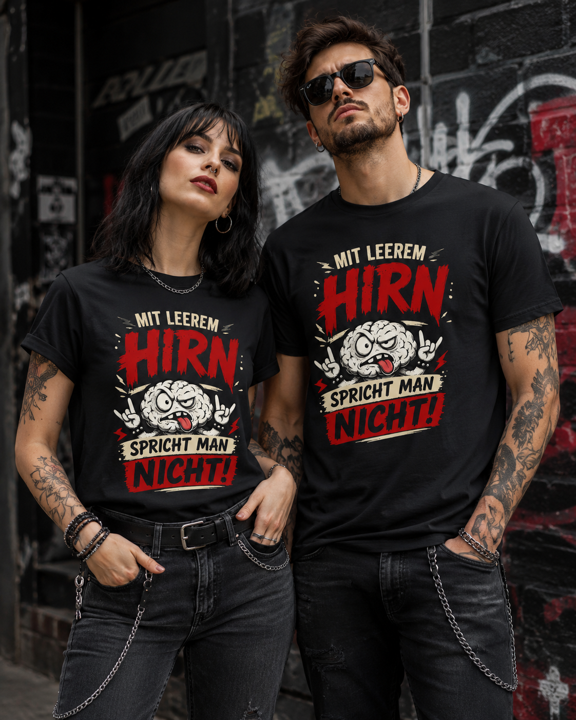 Frau und Mann tragen schwarze Unisex T-Shirts mit dem Spruch Mit leerem Hirn spricht man nicht und rockigem Gehirn-Motiv.
