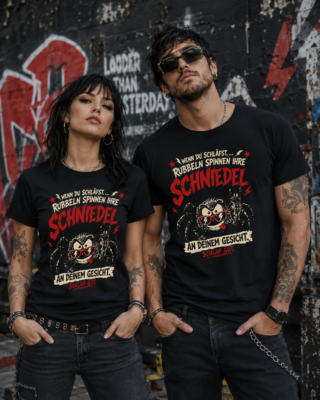 Frau und Mann tragen schwarze Unisex T-Shirts mit rockiger Spinne und frechem Spruch über Spinnen beim Schlafen.