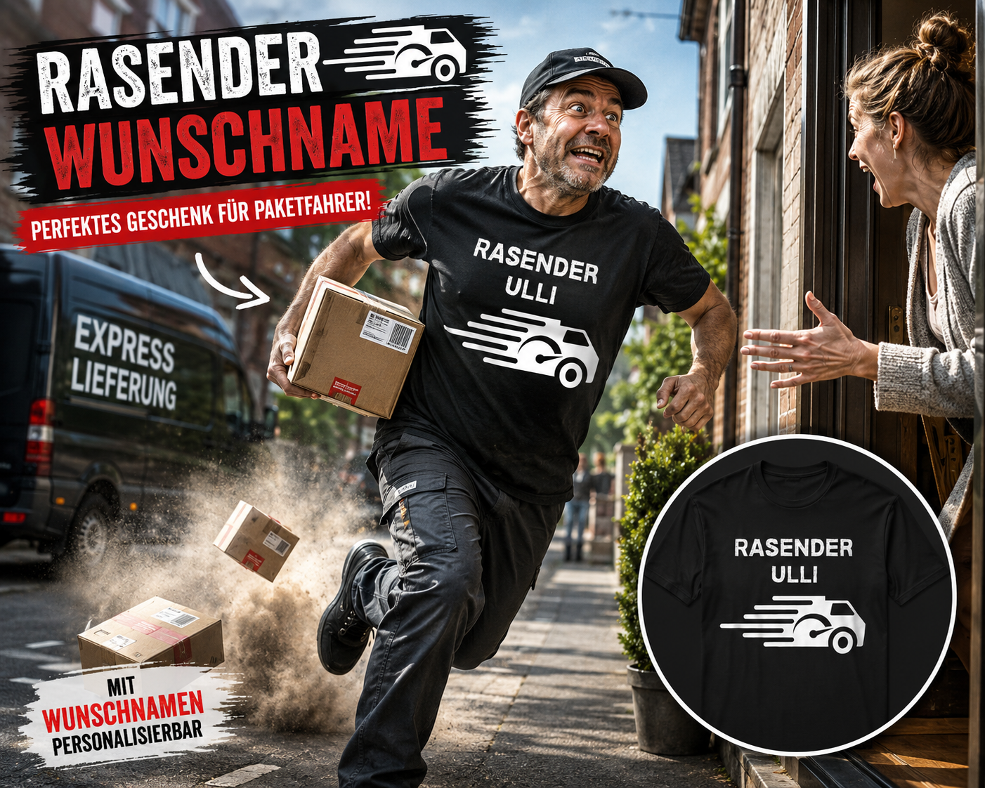Paketfahrer T-Shirt mit Wunschname – Rasender Wunschname | Lustiges Geschenk für Zusteller