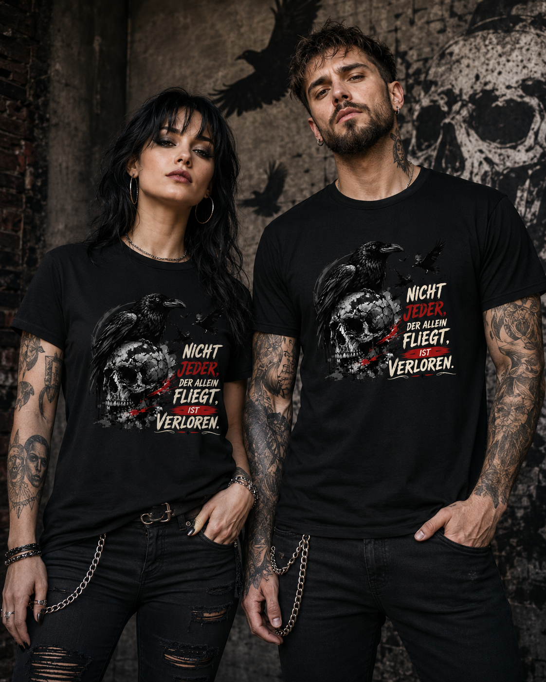 Nicht Jeder der Allein Fliegt T-Shirt – Dunkles Raben Shirt mit Totenkopf Motiv