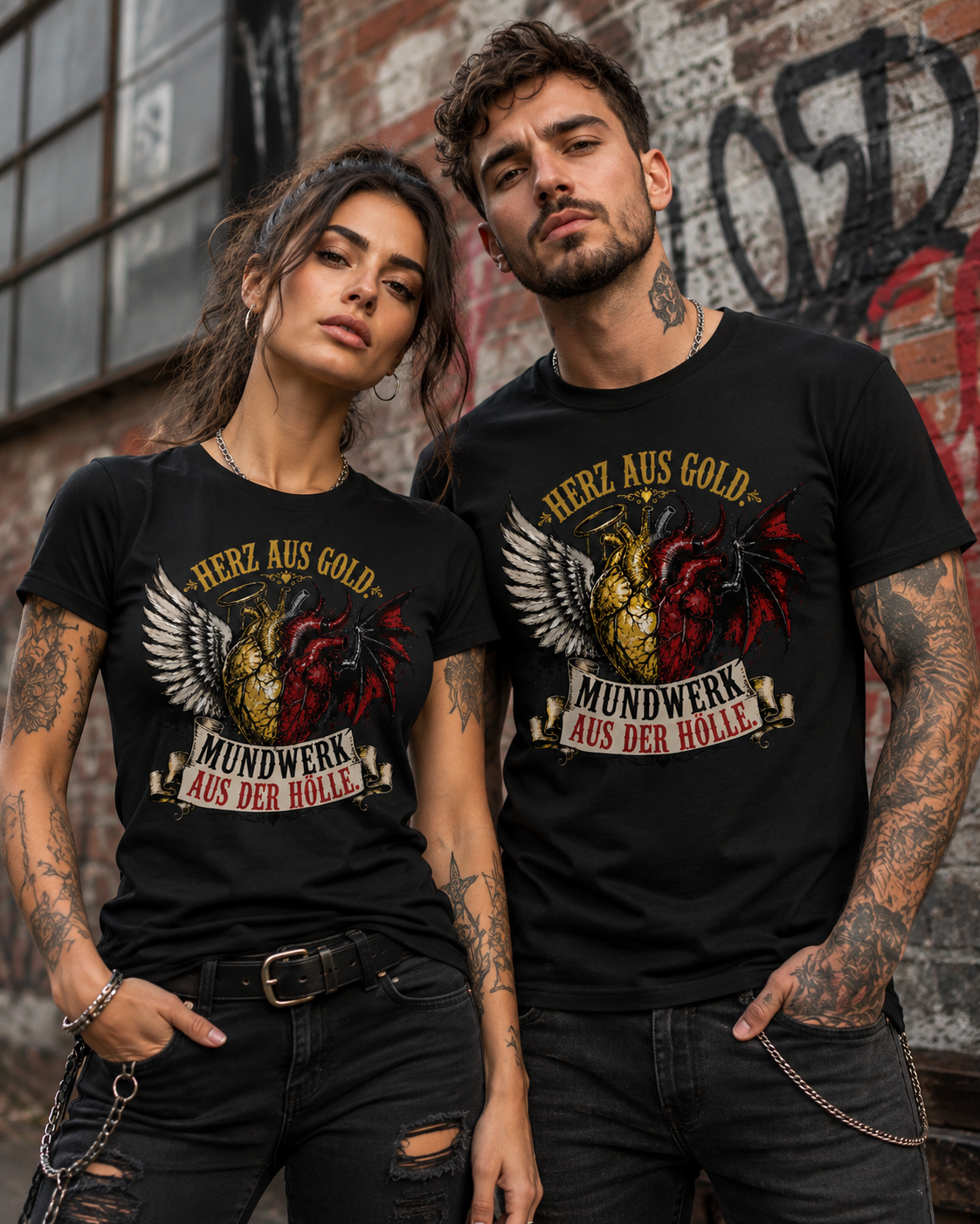 Herz aus Gold T-Shirt – Mundwerk aus der Hölle Shirt mit Engel & Teufel Motiv
