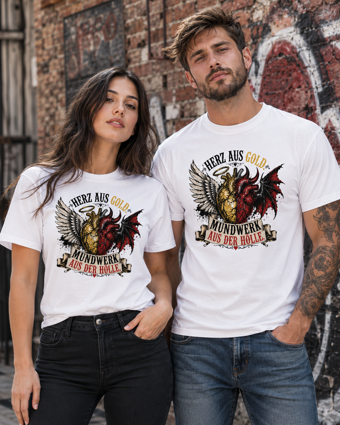 Herz aus Gold T-Shirt – Mundwerk aus der Hölle Shirt mit Engel & Teufel Motiv