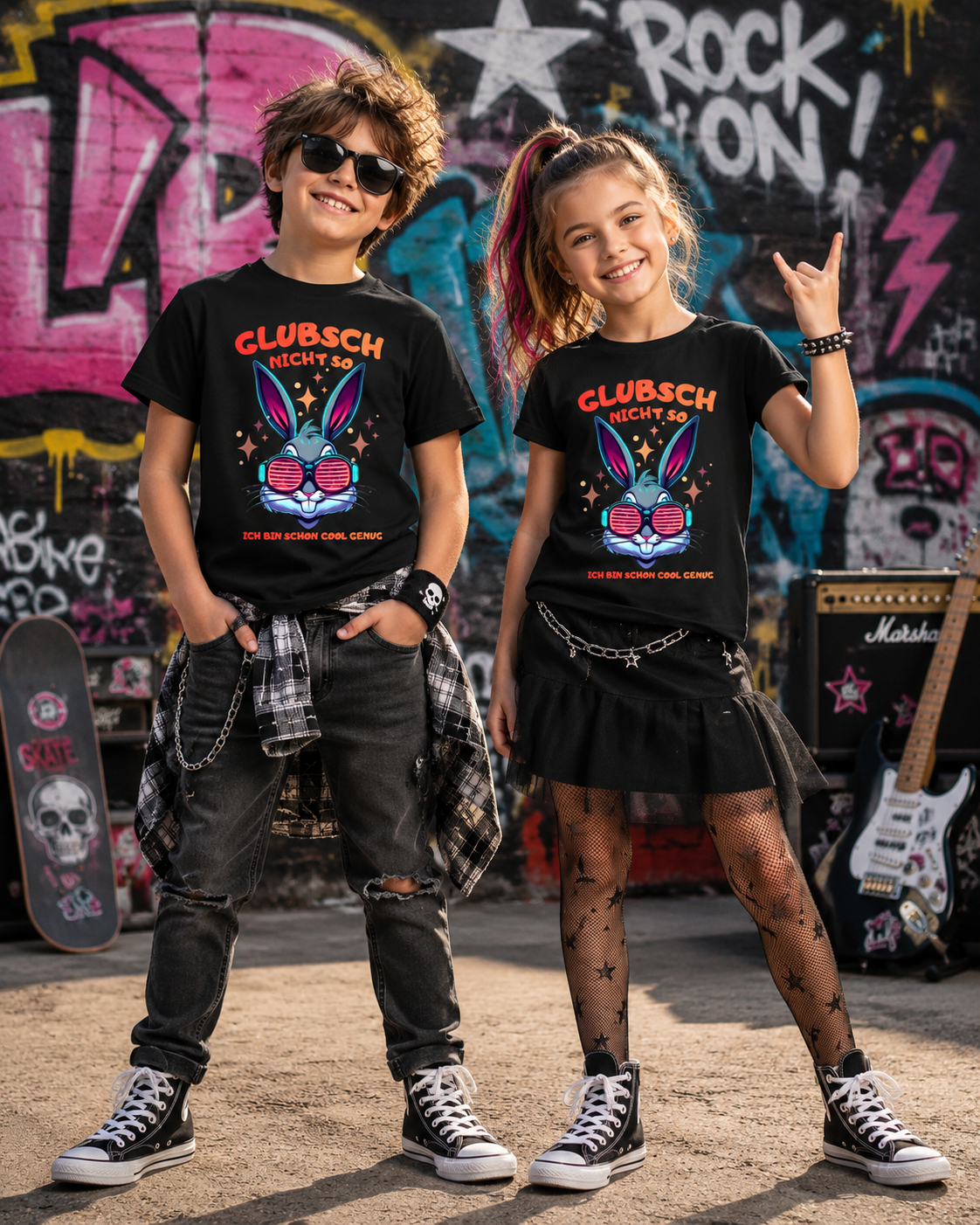Junge und Mädchen tragen schwarze Kinder T-Shirts mit dem Spruch Glubsch nicht so und buntem Hasenmotiv im rockigen Stil.