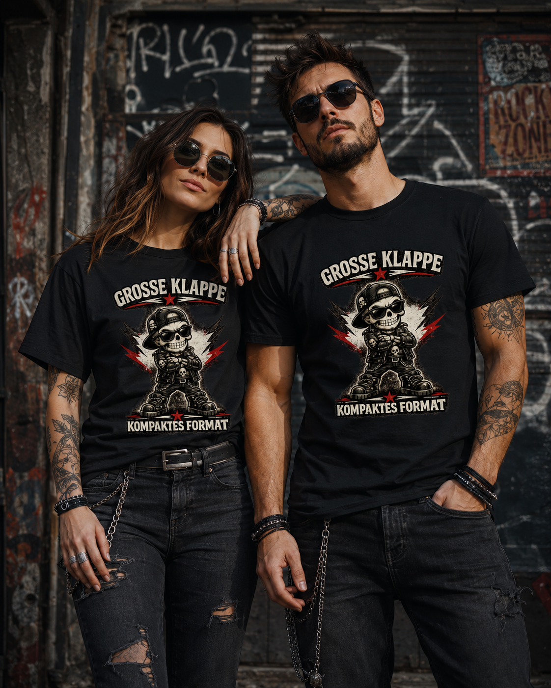 Frau und Mann tragen schwarze Unisex T-Shirts mit dem Spruch Große Klappe kompaktes Format und rockigem Skelett-Motiv.