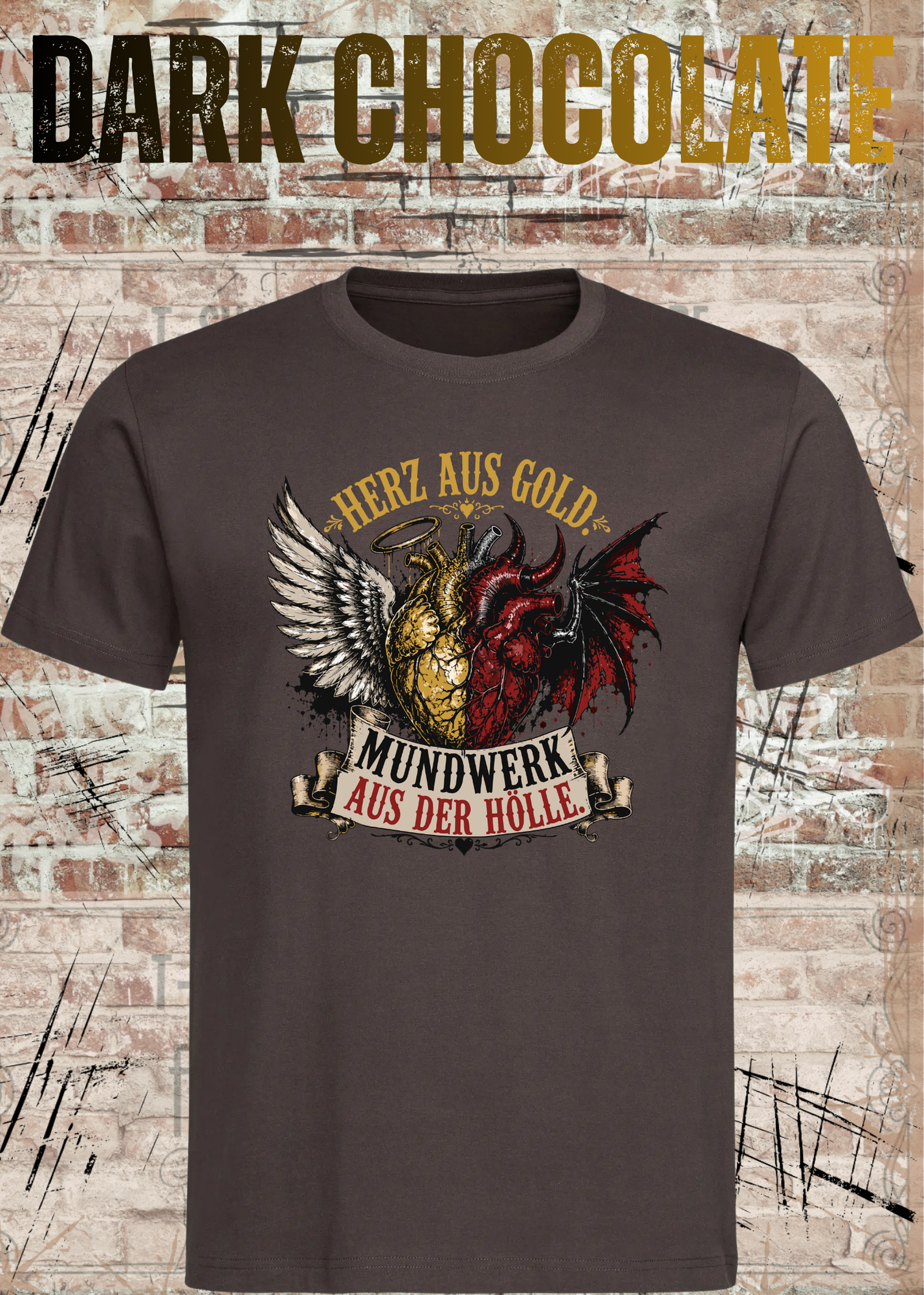 Herz aus Gold T-Shirt – Mundwerk aus der Hölle Shirt mit Engel & Teufel Motiv