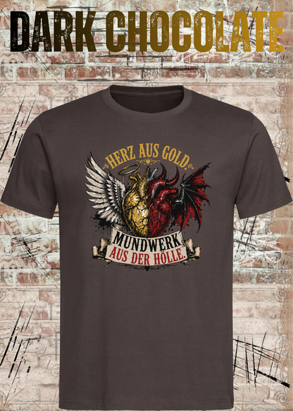 Herz aus Gold T-Shirt – Mundwerk aus der Hölle Shirt mit Engel & Teufel Motiv
