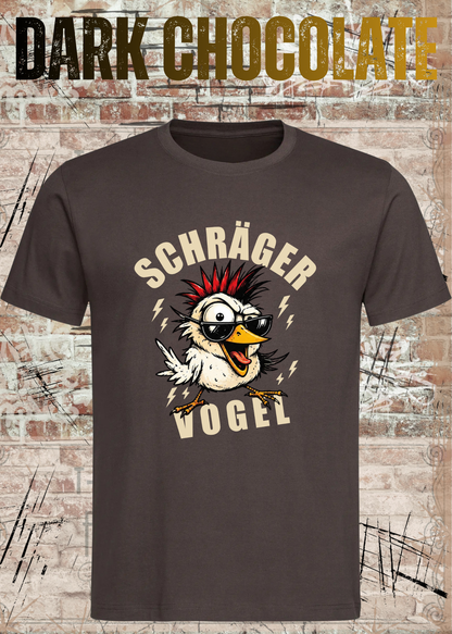 Unisex-T-Shirt „Schräger Vogel“ in Dark Chocolate.