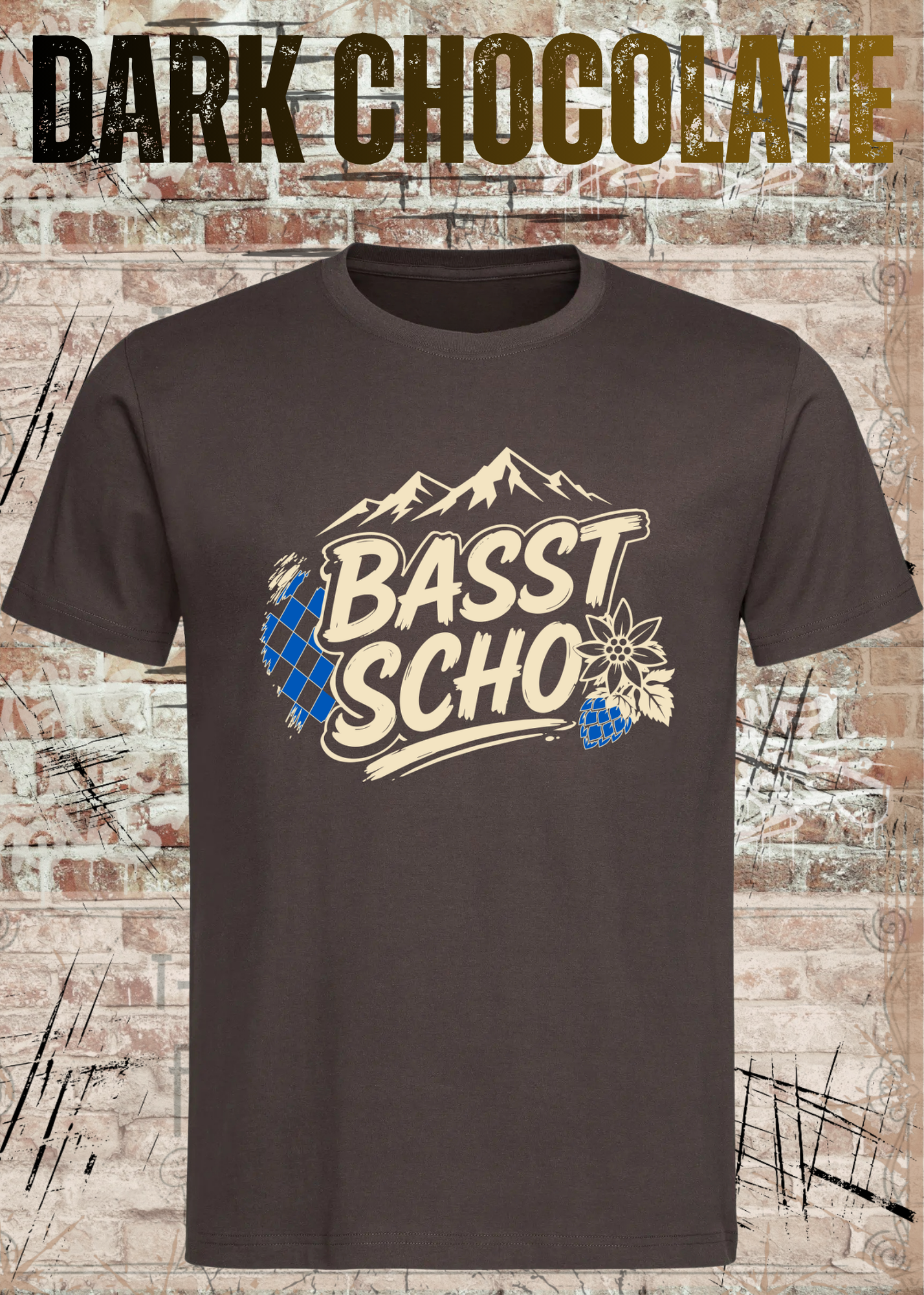 Basst scho – Bayerisches T-Shirt mit Bergen und Edelweiß