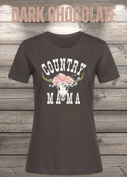 Country Mama T-Shirt – Freizeit Spruch Shirt für Damen in Dark Chocolate.