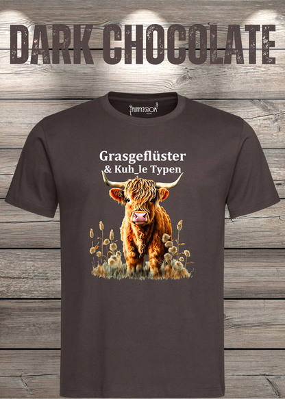 Unisex-T-Shirt „Grasgeflüster & Kuh_le Typen“ in Dark Chocolate.