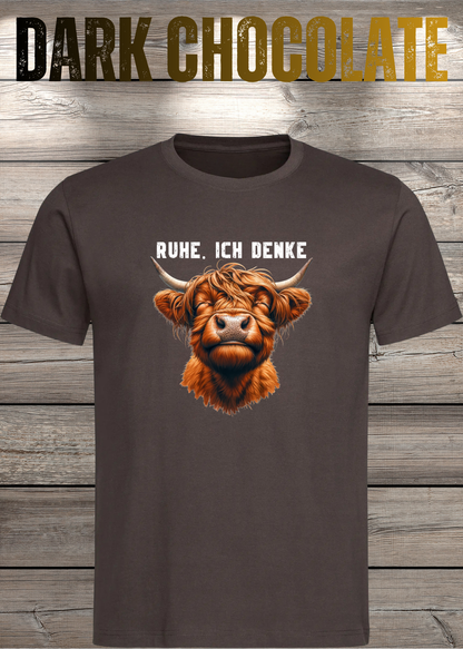 Unisex-T-Shirt „Ruhe. Ich denke“ in Dark Chocolate.