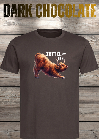 Unisex-T-Shirt „Zottel-Zen“ in Dark Chocolate.