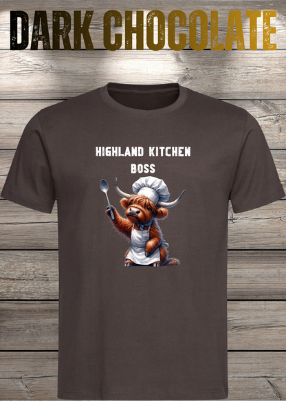 Unisex-T-Shirt „Highland Kitchen Boss“ in Dark Chocolate.