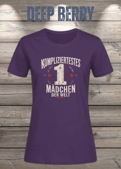 Damen-T-Shirt „Kompliziertestes Mädchen der Welt“ in Deep Berry.