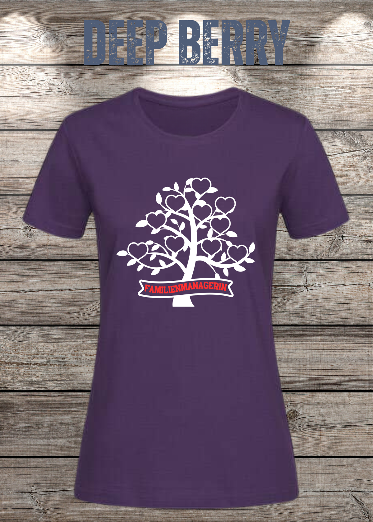 Familienmanagerin T-Shirt Damen – Herzbaum in Deep Berry.