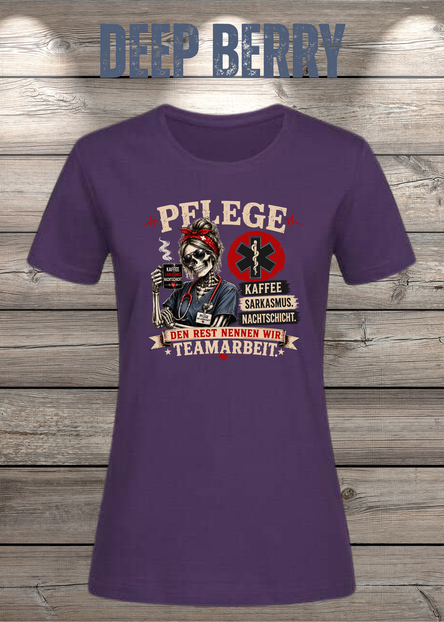 Pflege Damen T-Shirt – Kaffee, Sarkasmus, Nachtschicht – Den Rest nennen wir Teamarbeit