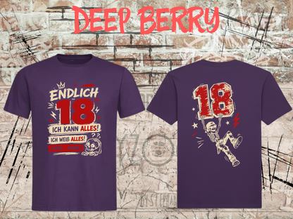 Unisex-T-Shirt „Endlich 18 – Ich kann alles, ich weiß alles“ in Deep Berry, Vorder- und Rückseite.