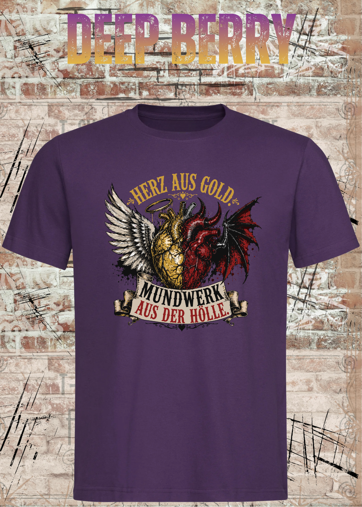Herz aus Gold T-Shirt – Mundwerk aus der Hölle Shirt mit Engel & Teufel Motiv