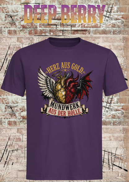Herz aus Gold T-Shirt – Mundwerk aus der Hölle Shirt mit Engel & Teufel Motiv