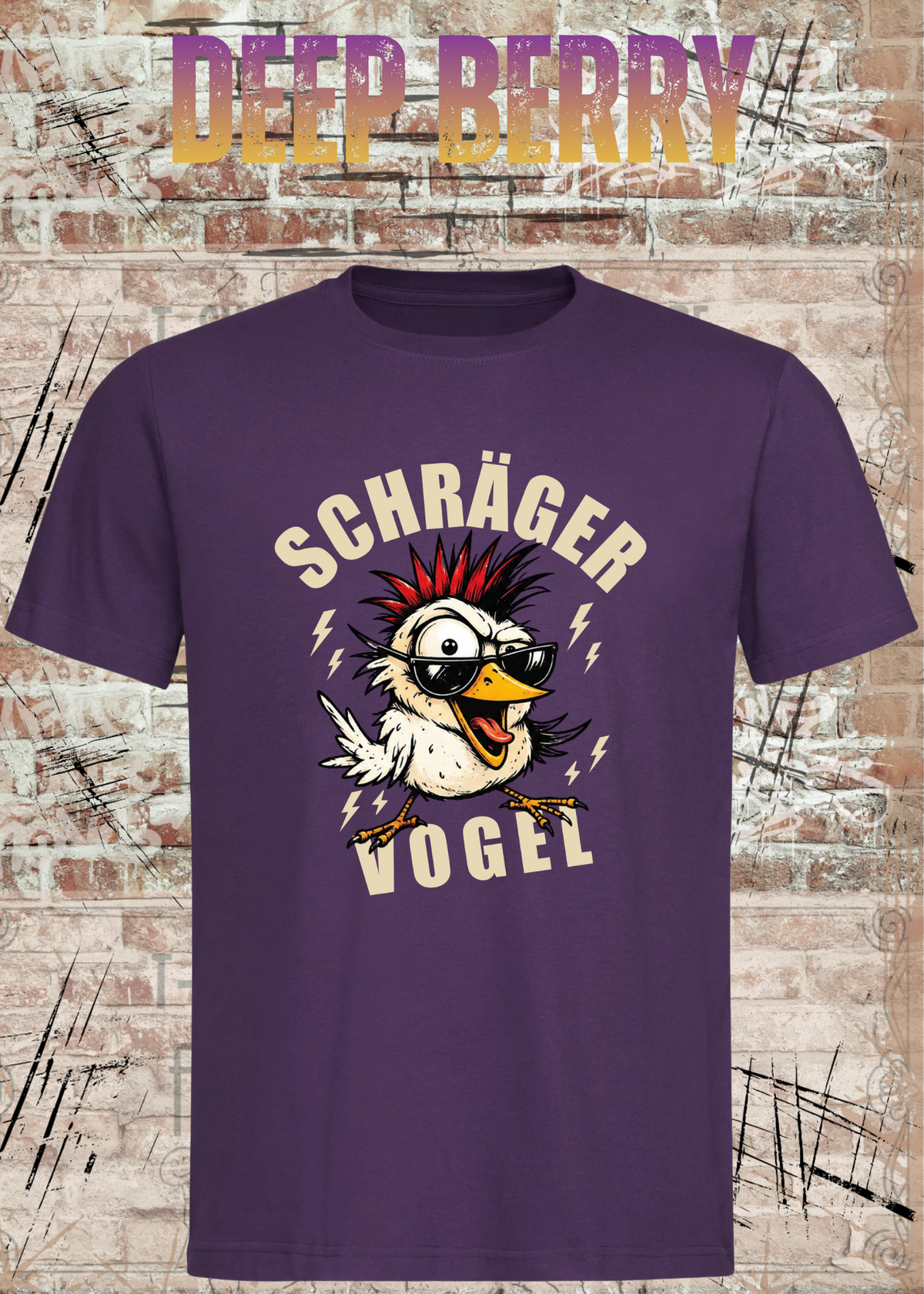 Unisex-T-Shirt „Schräger Vogel“ in Deep Berry.