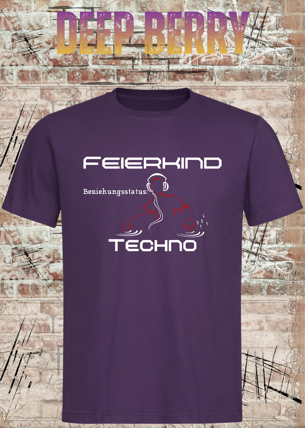Feierkind Techno T-Shirt – Beziehungsstatus Techno in Deep Berry.