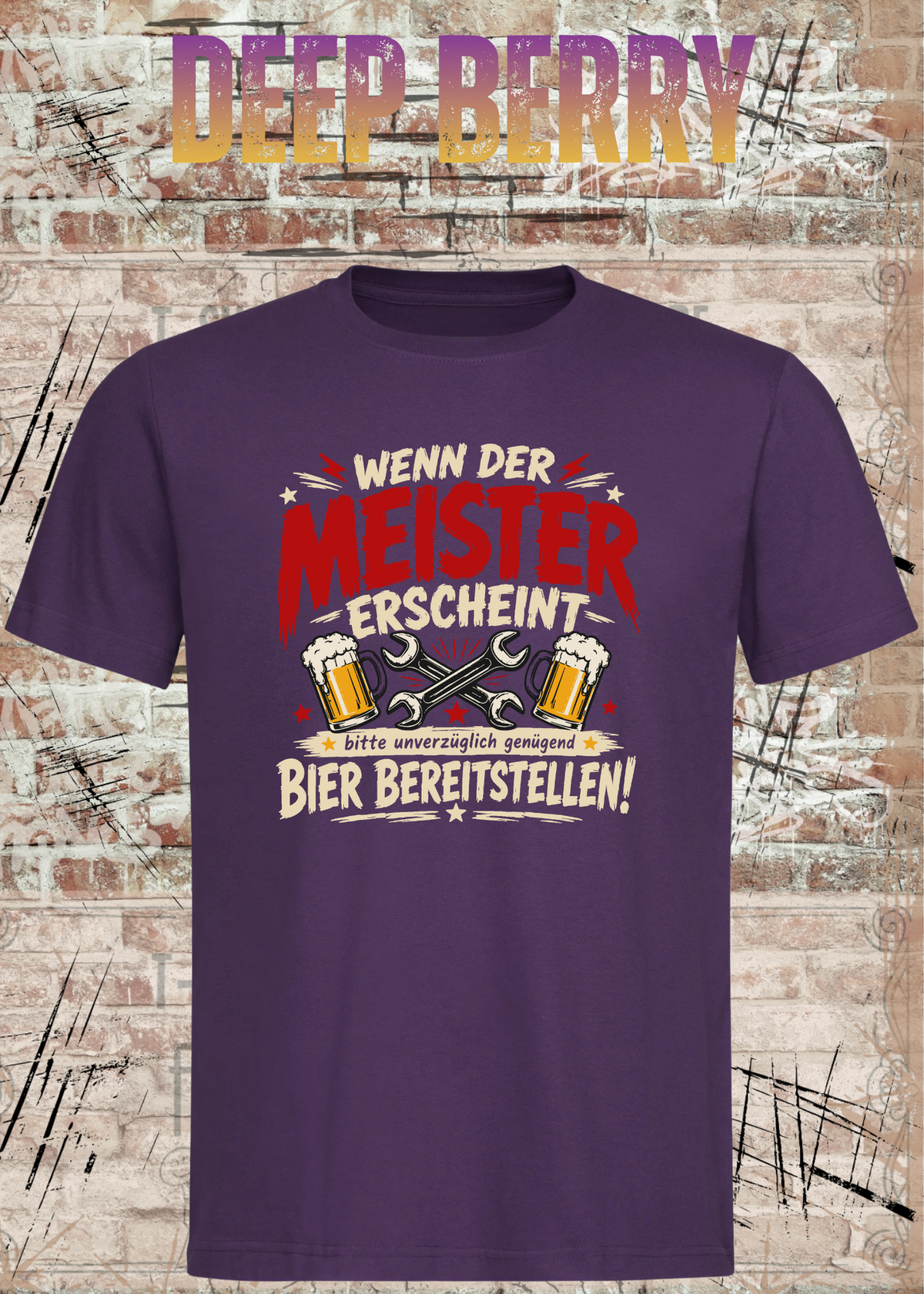 Herren-T-Shirt „Wenn der Meister erscheint – Bier bereitstellen“ in Deep Berry.
