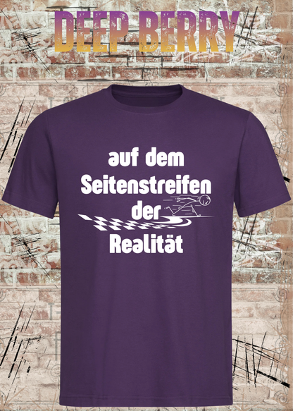 Unisex-T-Shirt „Auf dem Seitenstreifen der Realität“ in Deep Berry.