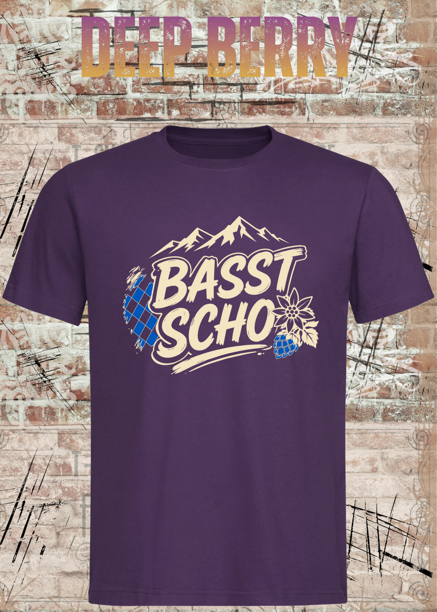 Basst scho – Bayerisches T-Shirt mit Bergen und Edelweiß