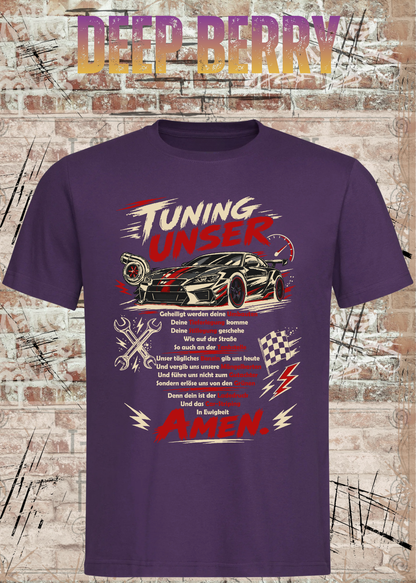 Unisex-T-Shirt „Tuning Unser“ in Deep Berry.