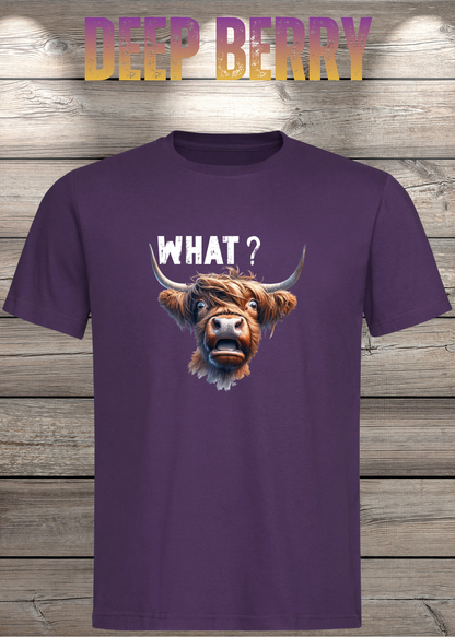 Unisex-T-Shirt „WHAT?“ in Deep Berry.
