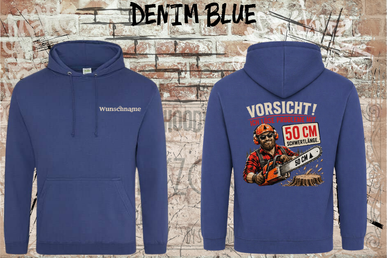 Personalisierter Waldarbeiter Hoodie – Vorsicht! Ich löse Probleme mit 50 cm Schwertlänge | Forstarbeiter Hoodie mit Wunschname