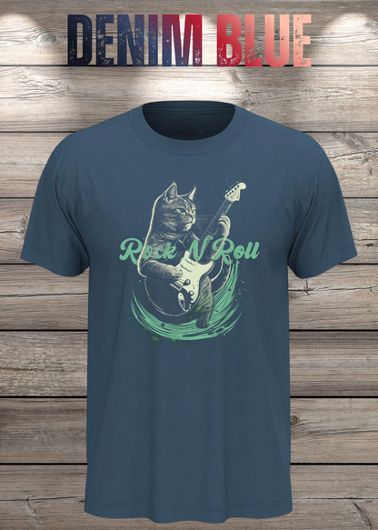 Katzenrocker – Rock n Roll Unisex T-Shirt für Musikliebhaber in Denim Blue.