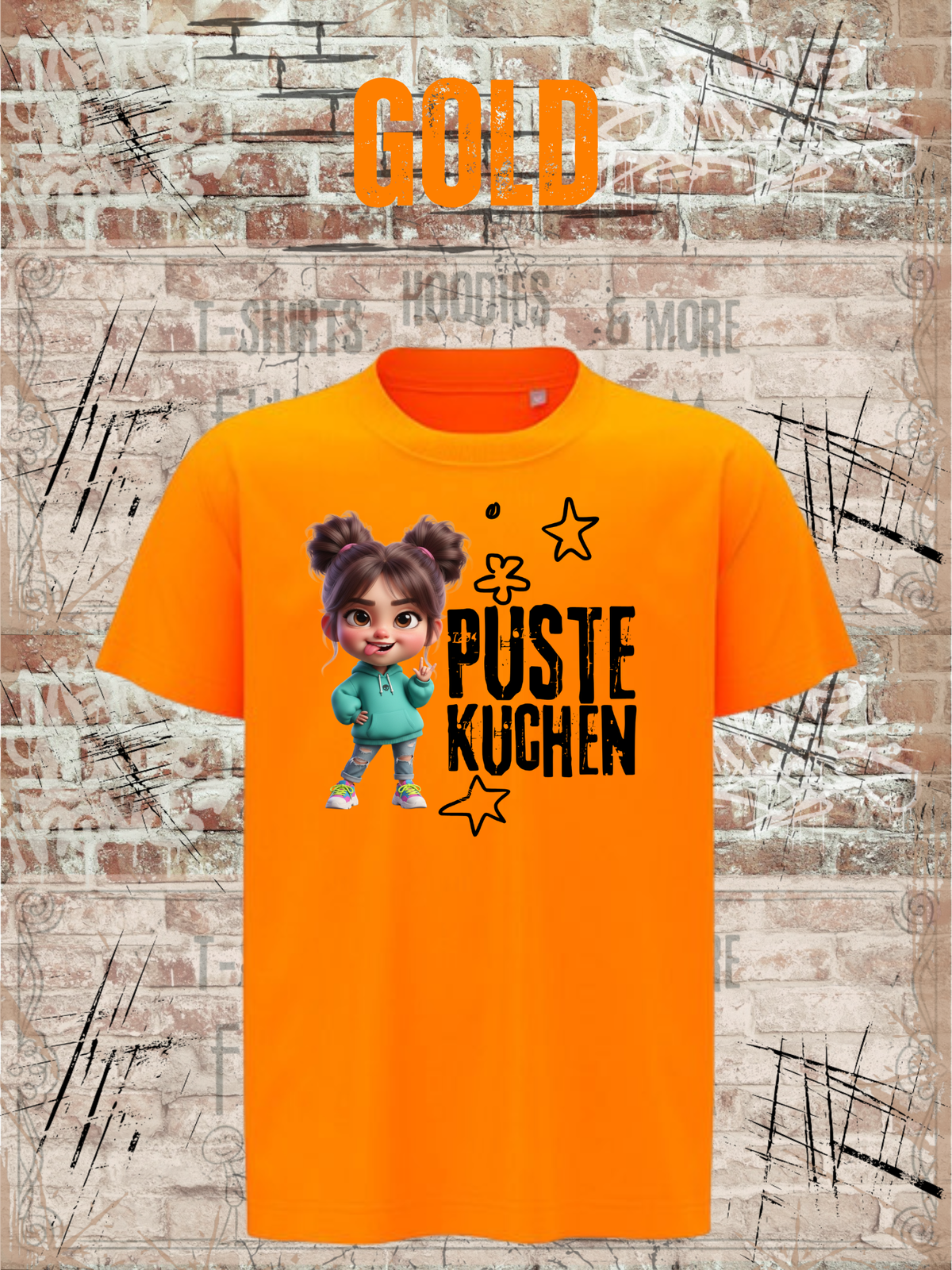 Kinder-T-Shirt „Pustekuchen!“ in Gold.