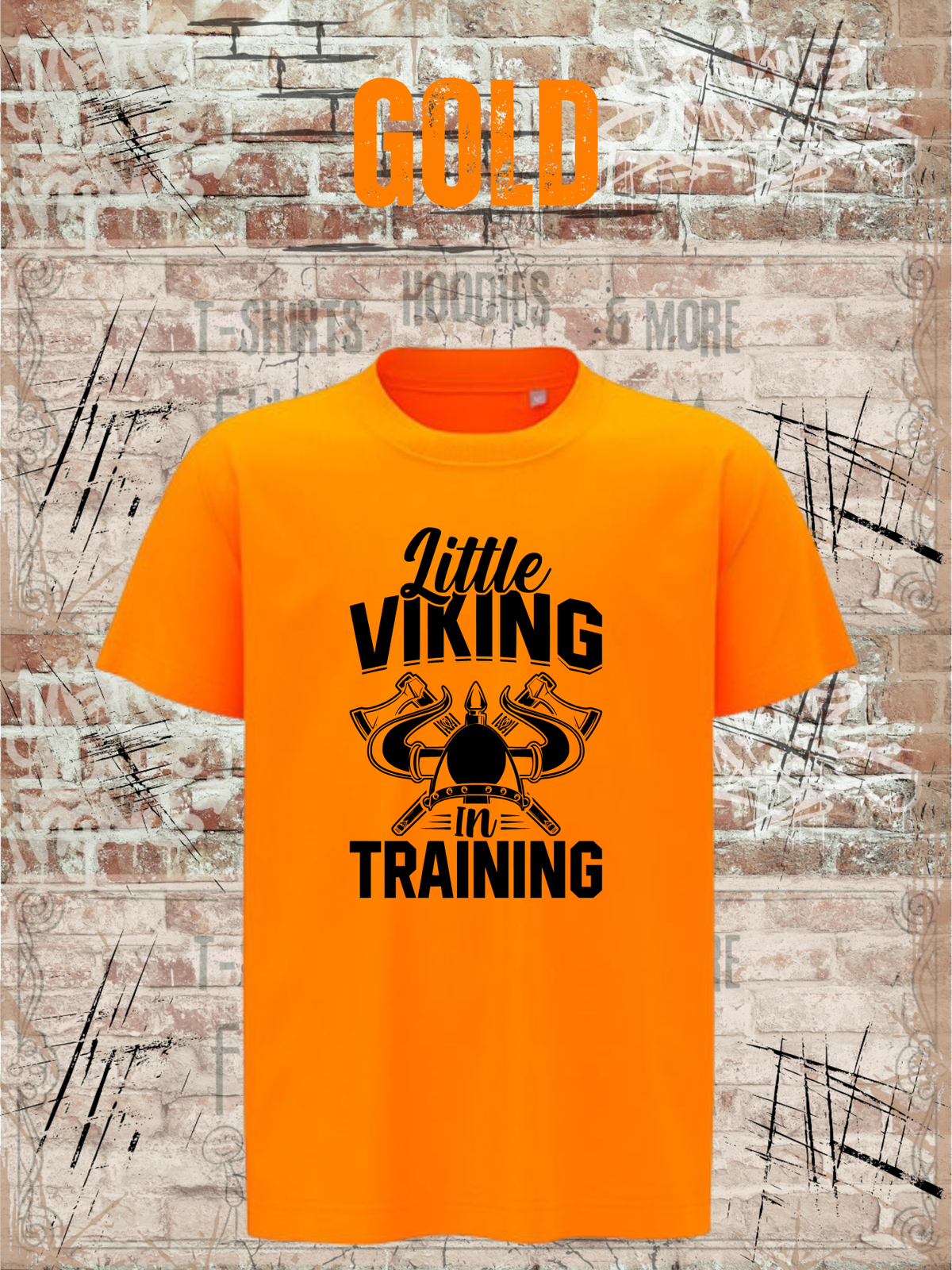 Kinder T-Shirt Little Viking in Training in Gold.