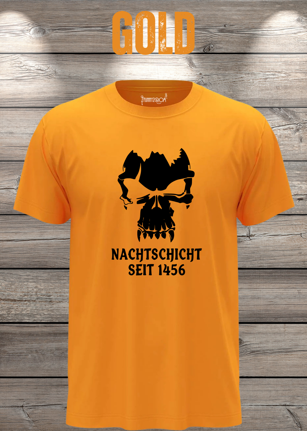Gothic T-Shirt Skull Totenkopf Vampir Nachtschicht seit 1456 in Gold.